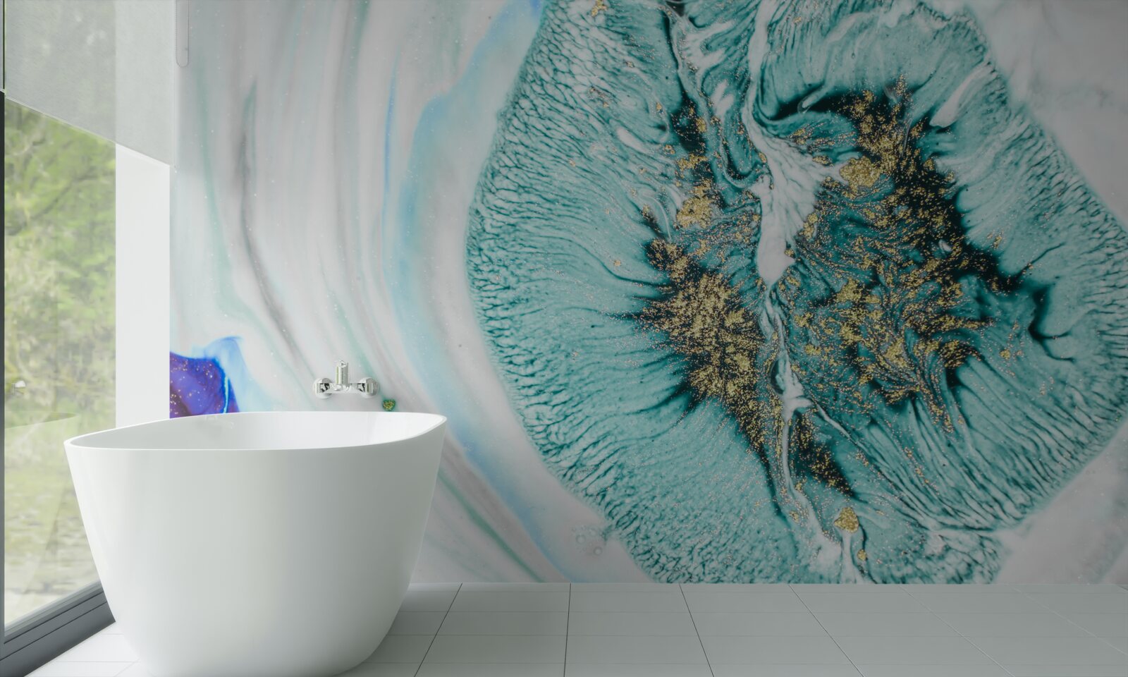 Fotobehang abstracte bloem in blauwtinten op een marmeren oppervlak