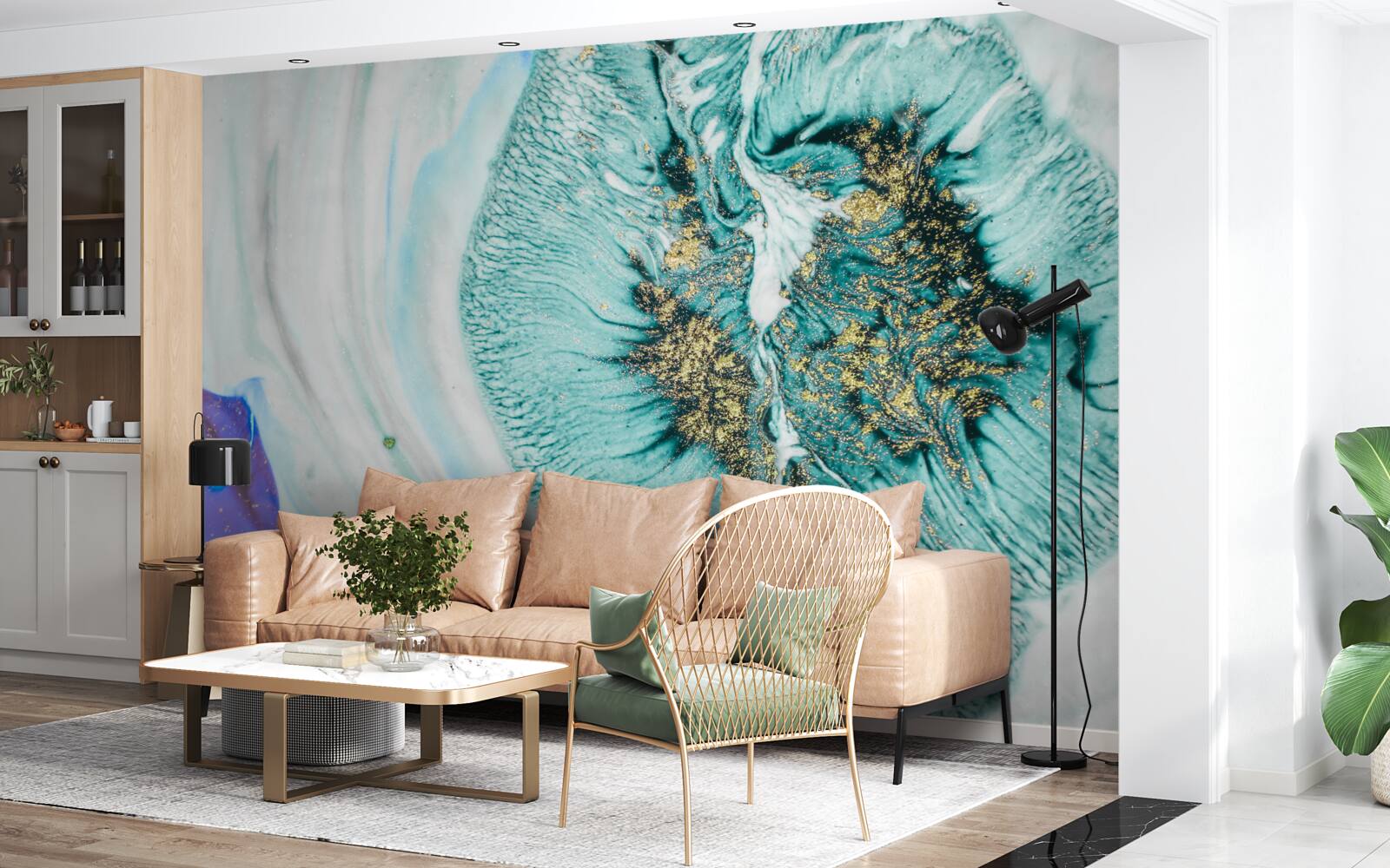 Fotobehang abstracte bloem in blauwtinten op een marmeren oppervlak