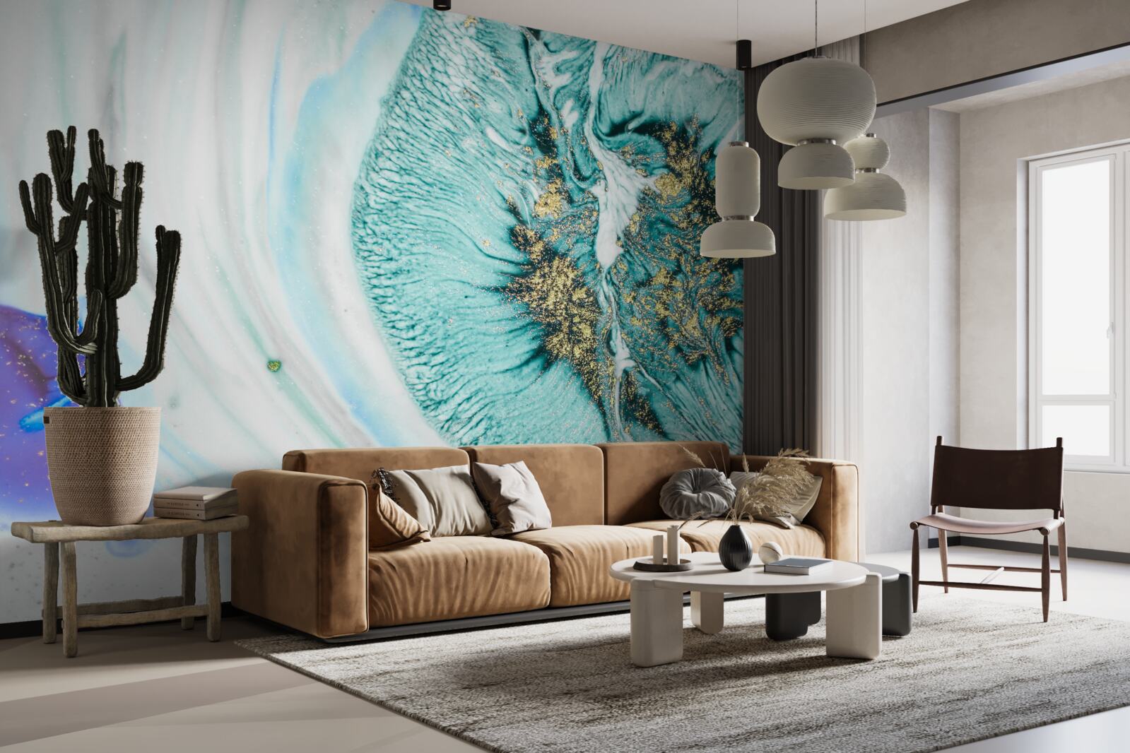 Fotobehang abstracte bloem in blauwtinten op een marmeren oppervlak