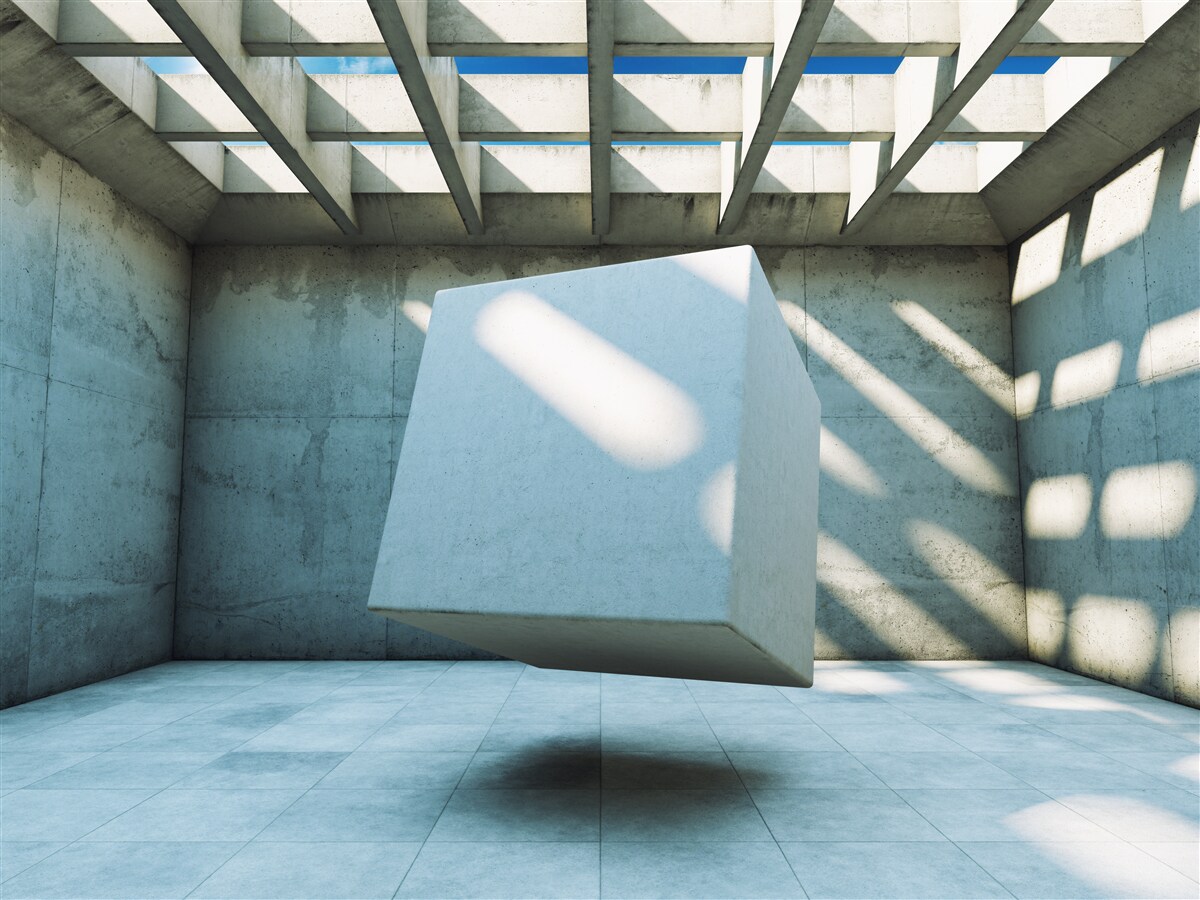 Fotobehang 3D kubus zwevend in een verlichte kamer