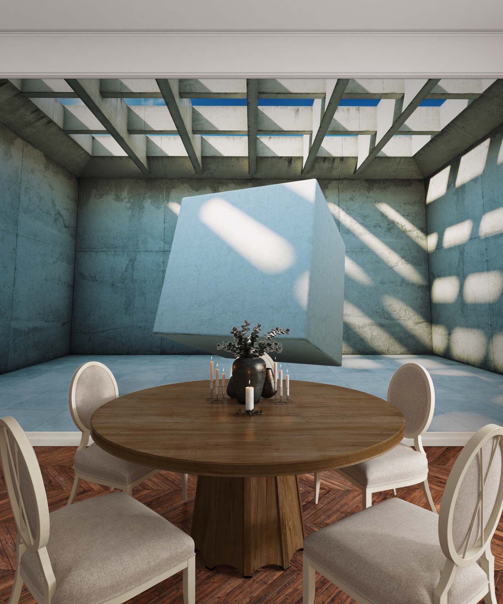 Fotobehang 3D kubus zwevend in een verlichte kamer