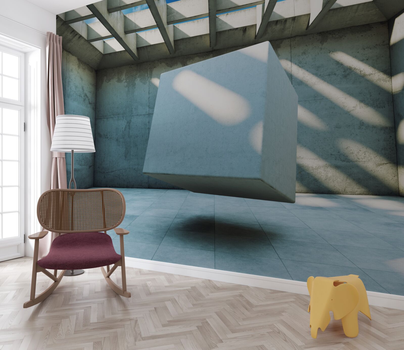 Fotobehang 3D kubus zwevend in een verlichte kamer