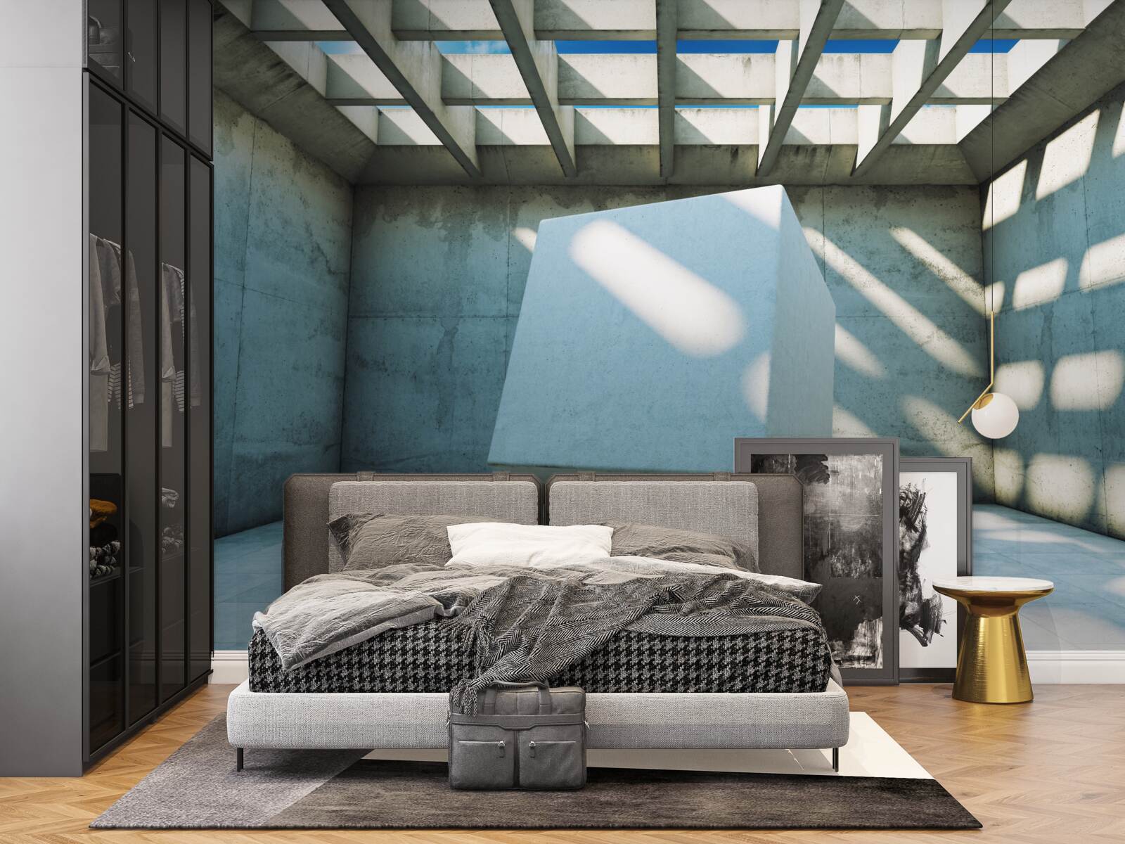 Fotobehang 3D kubus zwevend in een verlichte kamer