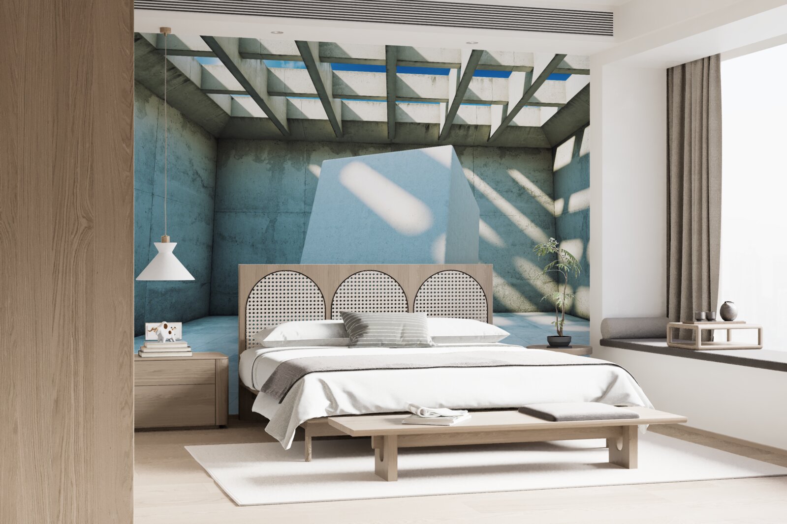 Fotobehang 3D kubus zwevend in een verlichte kamer