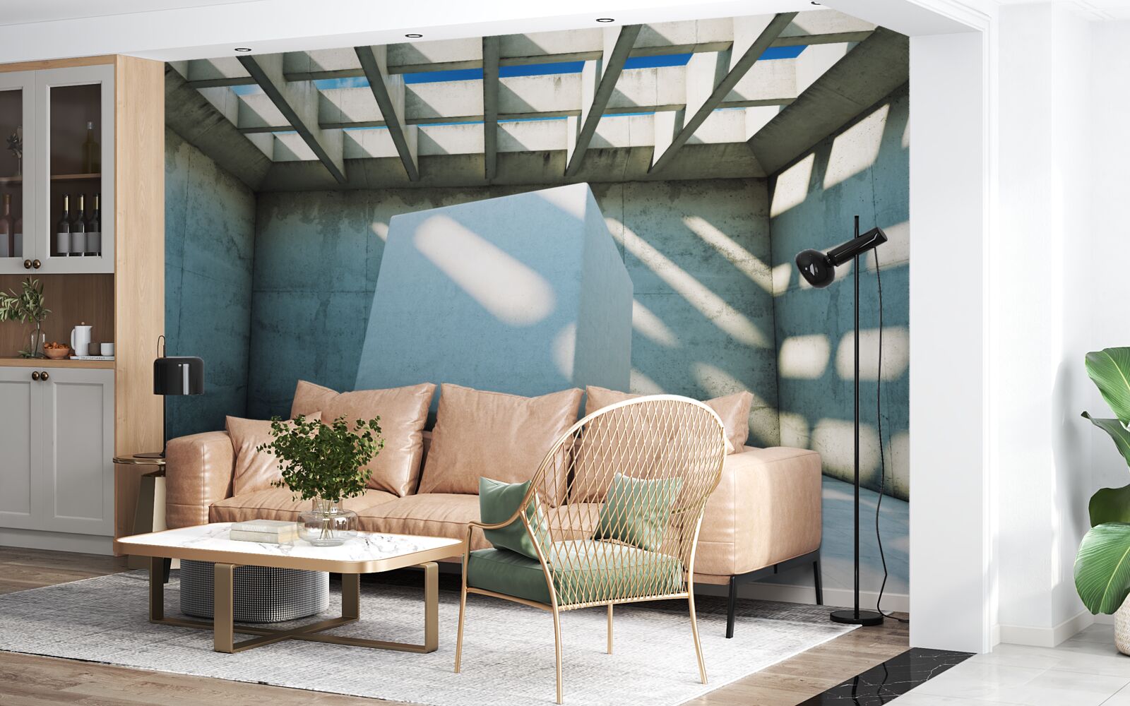 Fotobehang 3D kubus zwevend in een verlichte kamer