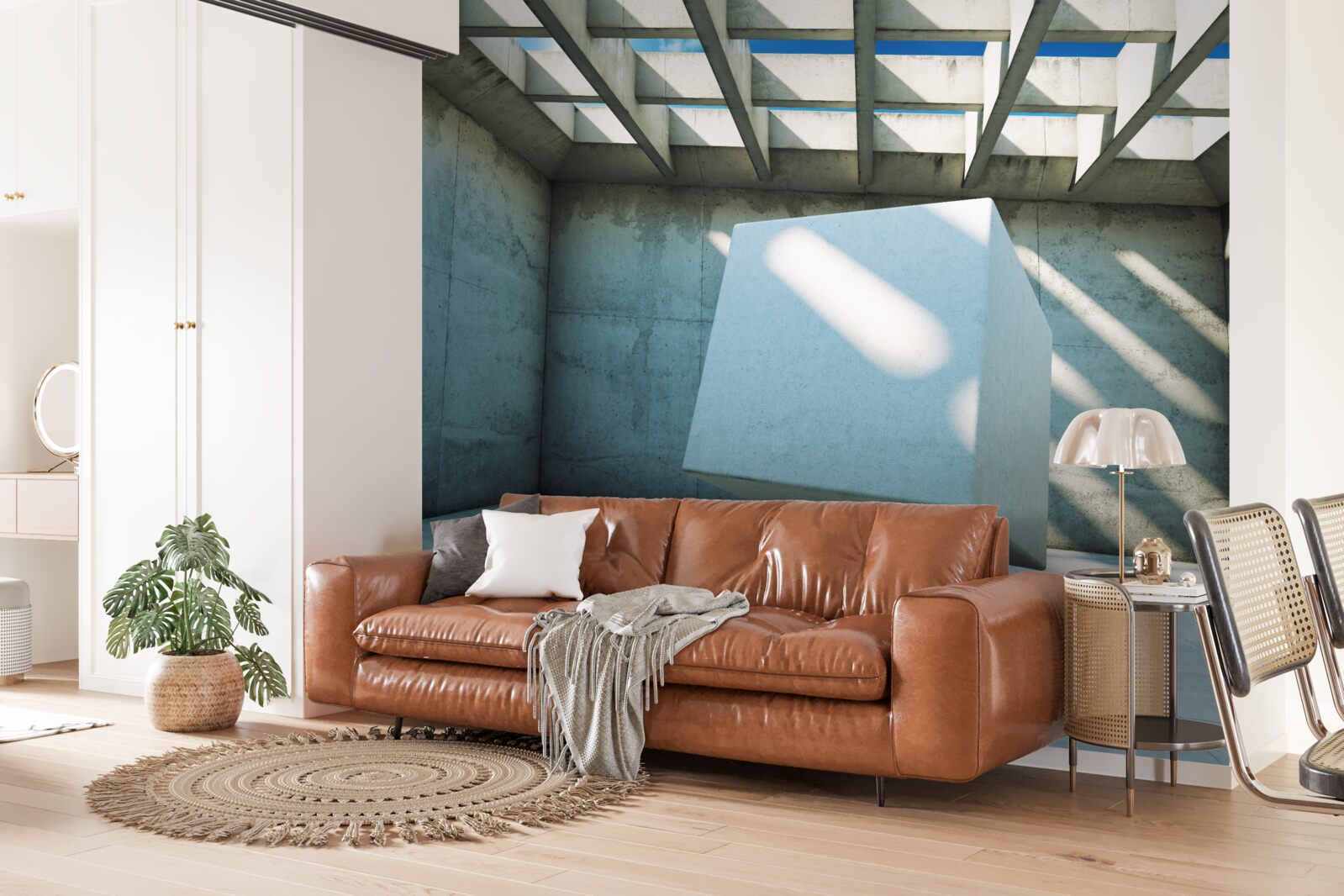 Fotobehang 3D kubus zwevend in een verlichte kamer