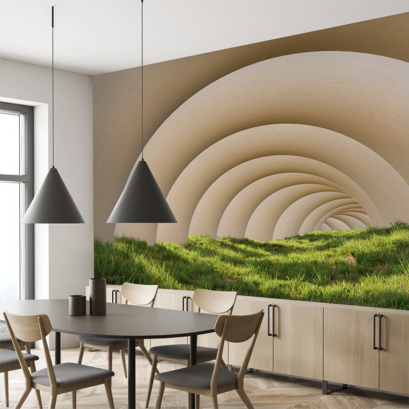 Fotobehang groen gras onder de gebogen lijnen van de wijde bogen