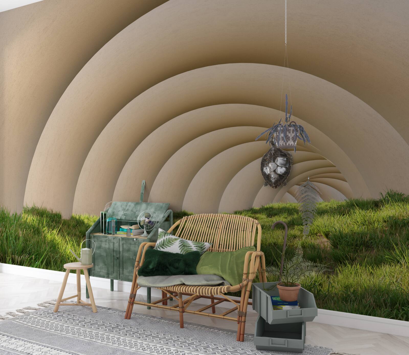 Fotobehang groen gras onder de gebogen lijnen van de wijde bogen