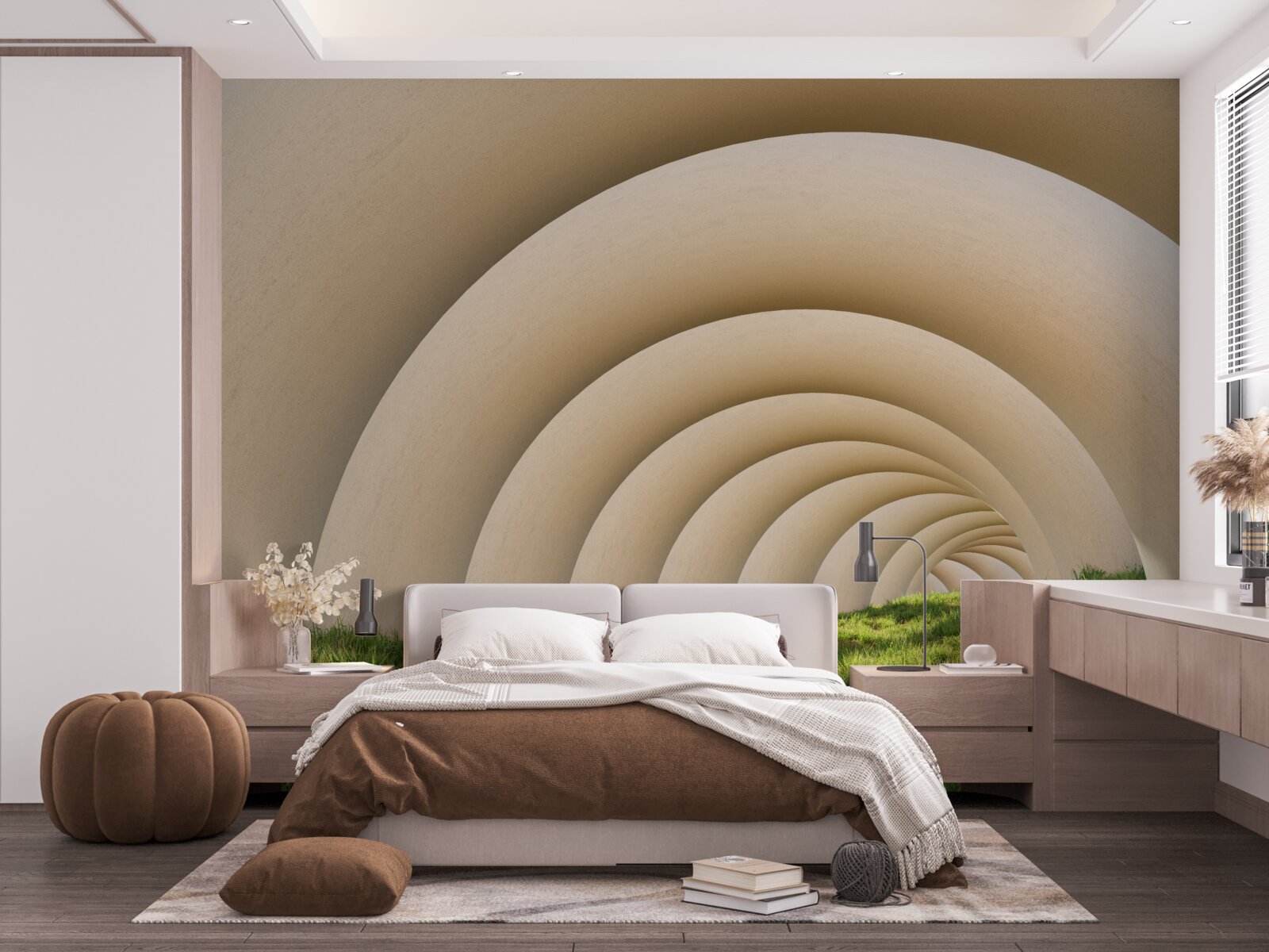 Fotobehang groen gras onder de gebogen lijnen van de wijde bogen