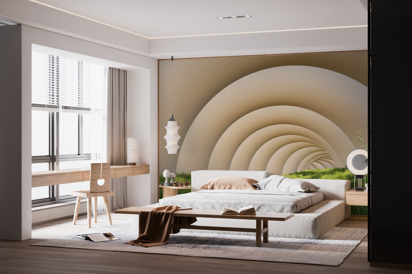 Fotobehang groen gras onder de gebogen lijnen van de wijde bogen