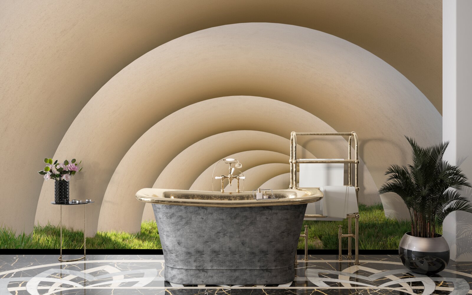 Fotobehang groen gras onder de gebogen lijnen van de wijde bogen