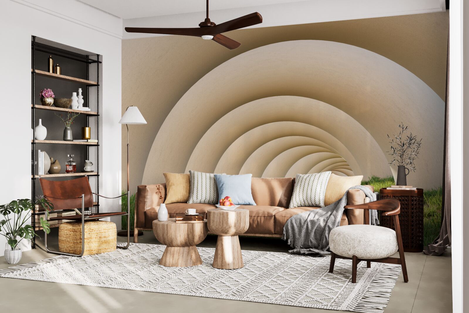 Fotobehang groen gras onder de gebogen lijnen van de wijde bogen