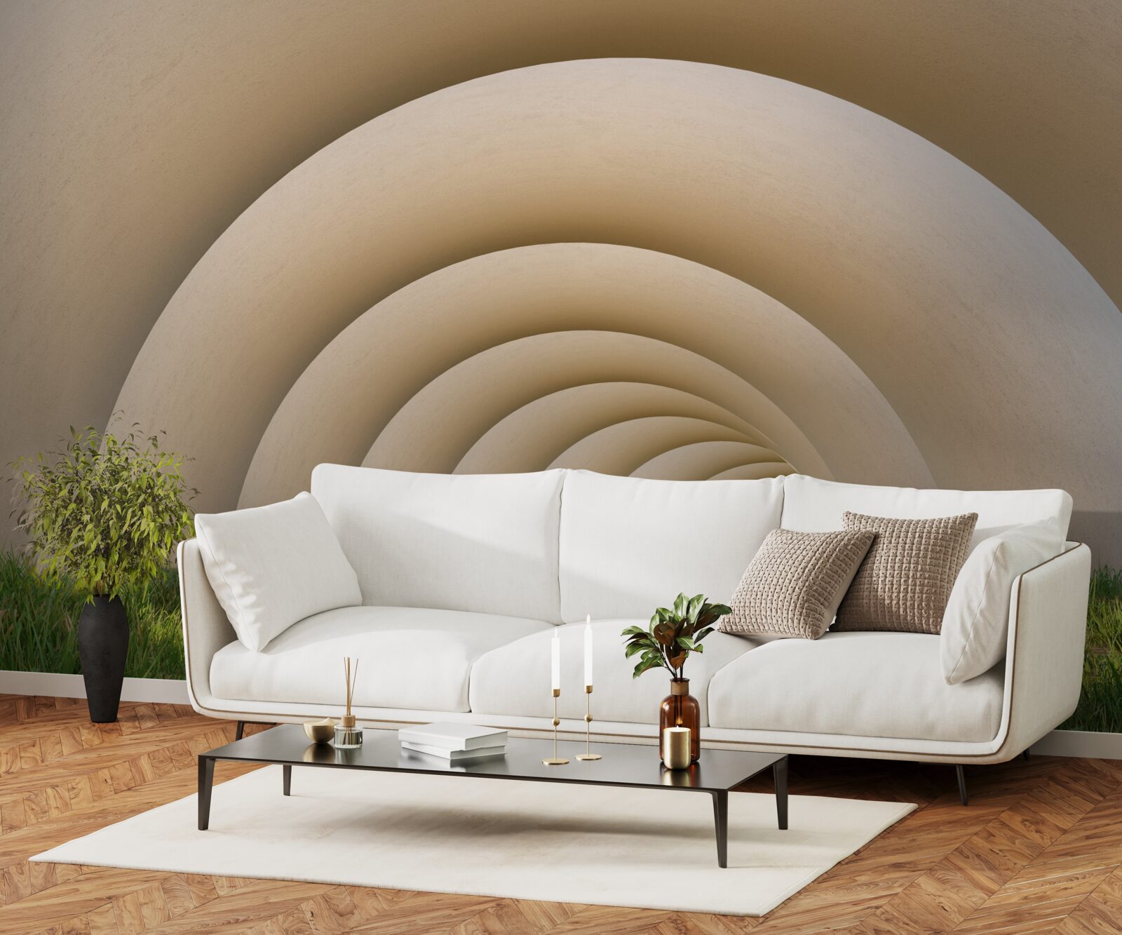 Fotobehang groen gras onder de gebogen lijnen van de wijde bogen