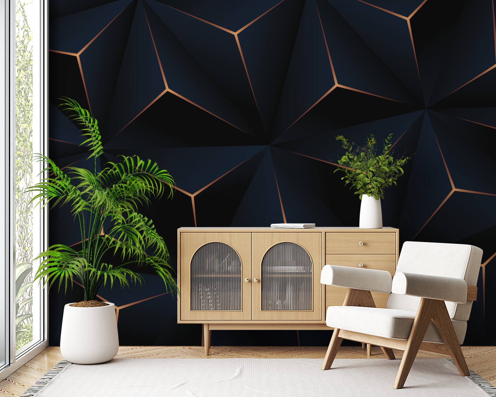 Fotobehang volumetrische zwarte piramides met gouden randen