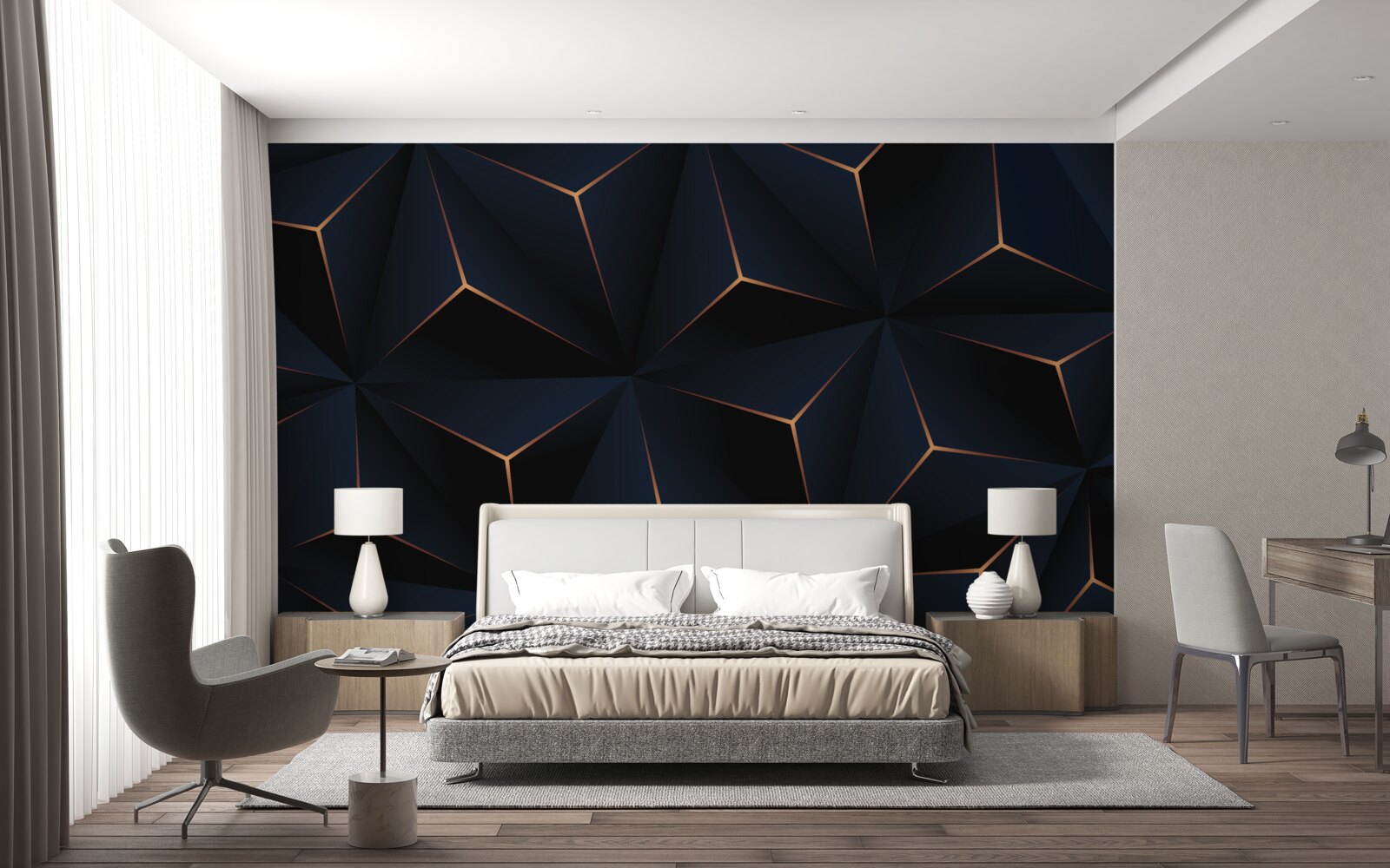 Fotobehang volumetrische zwarte piramides met gouden randen