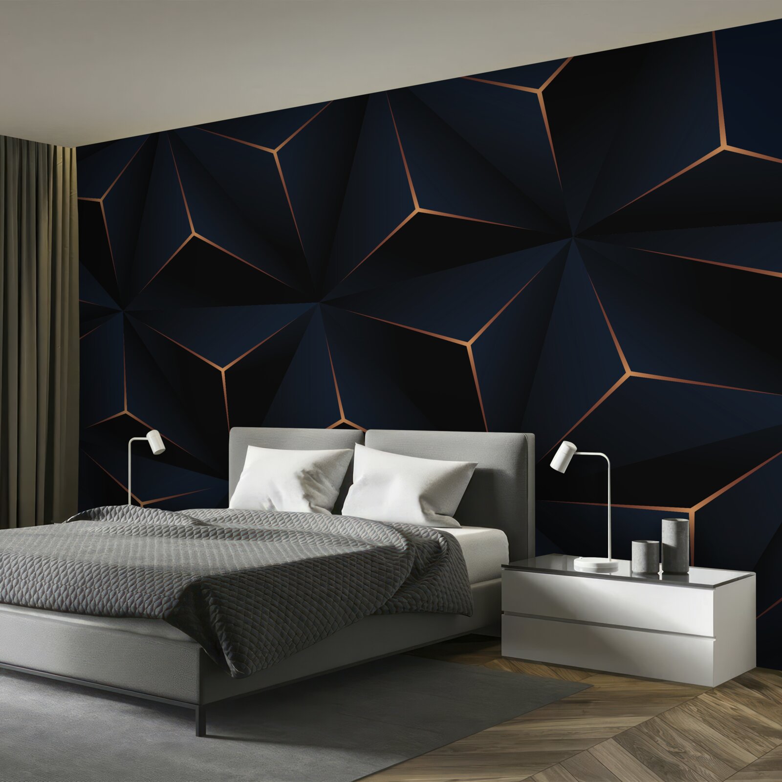 Fotobehang volumetrische zwarte piramides met gouden randen