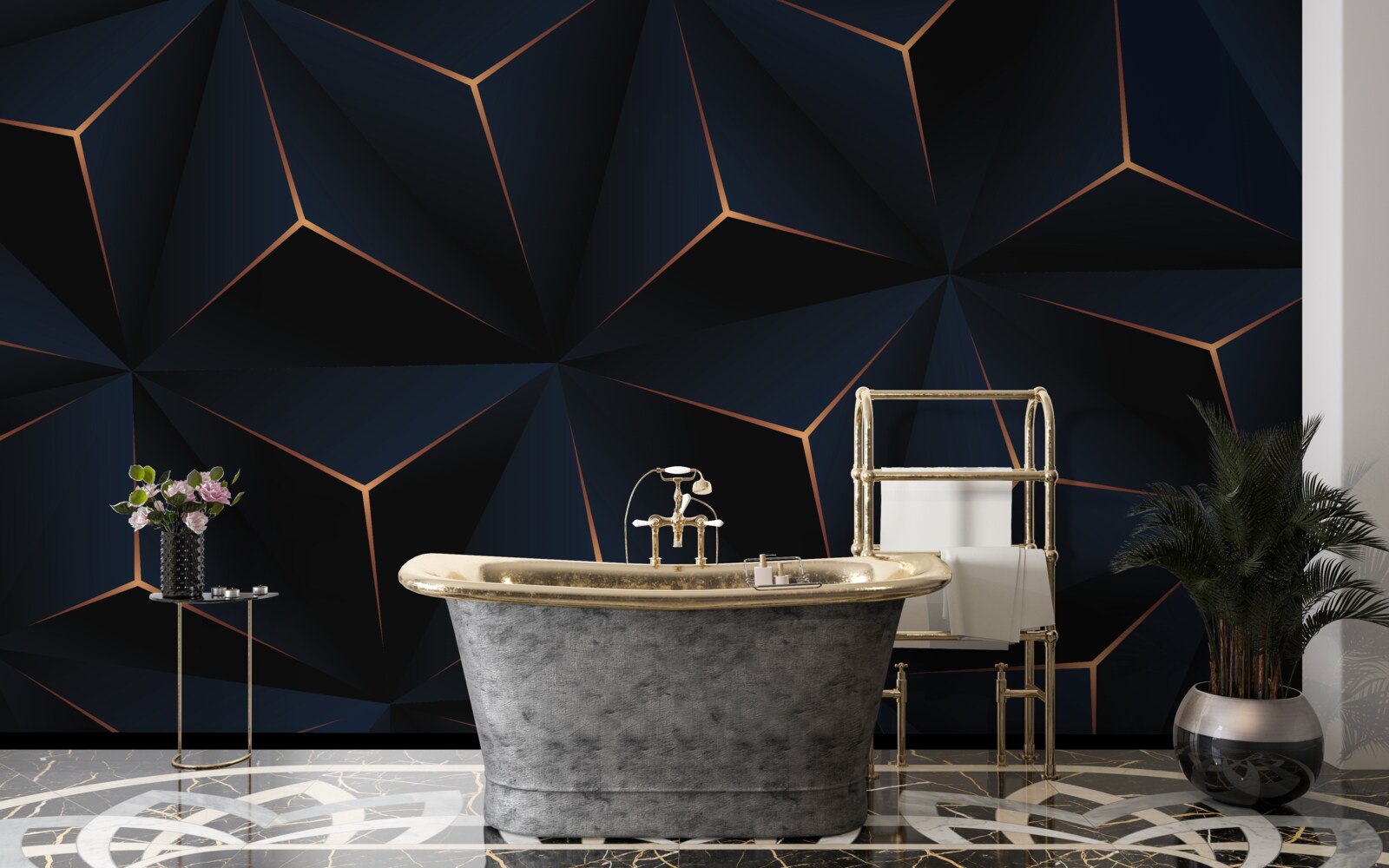 Fotobehang volumetrische zwarte piramides met gouden randen