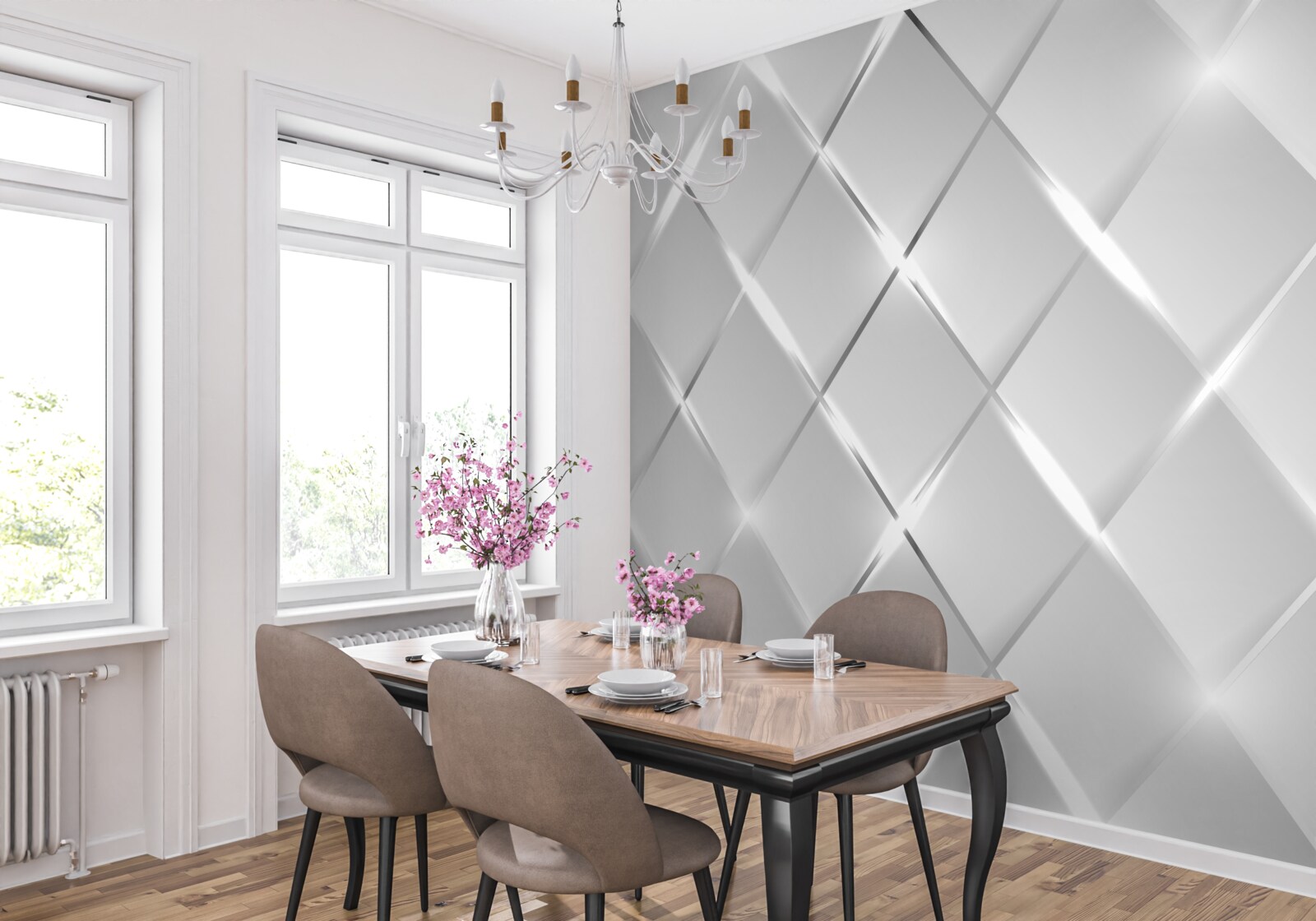 Fotobehang ruitvormig patroon met zilveren contouren