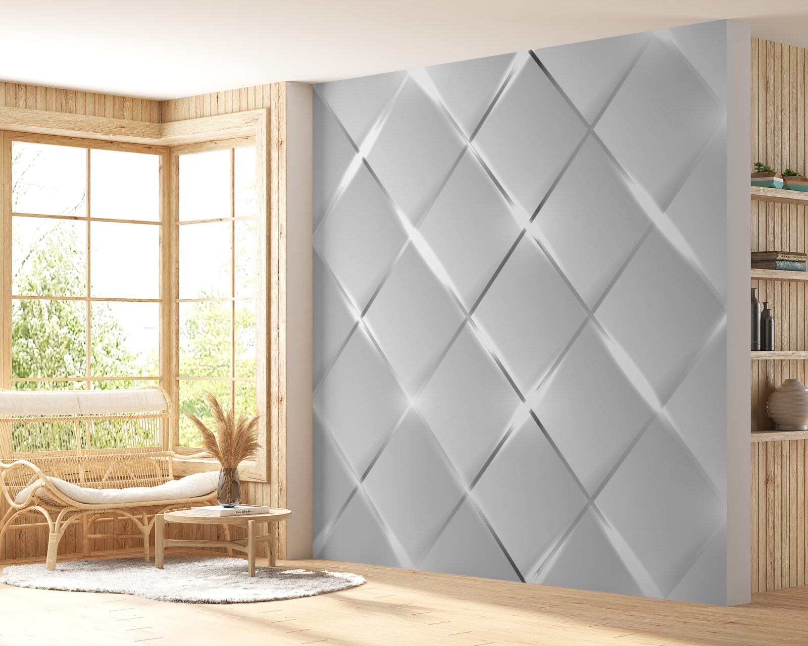 Fotobehang ruitvormig patroon met zilveren contouren