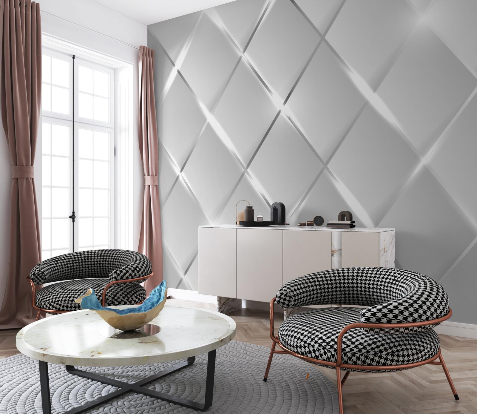 Fotobehang ruitvormig patroon met zilveren contouren