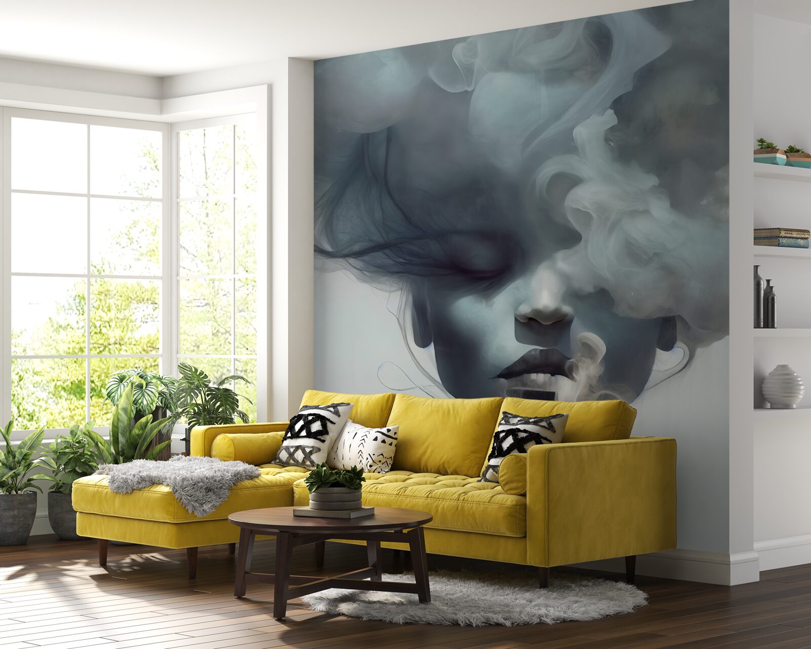 Fotobehang vrouw in de grijze mist