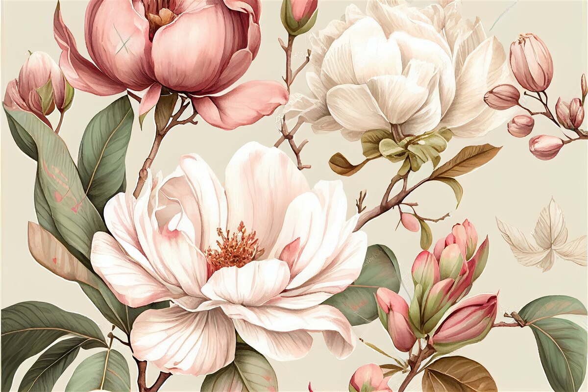 Fotobehang magnolia's in rood en wit aan de takken