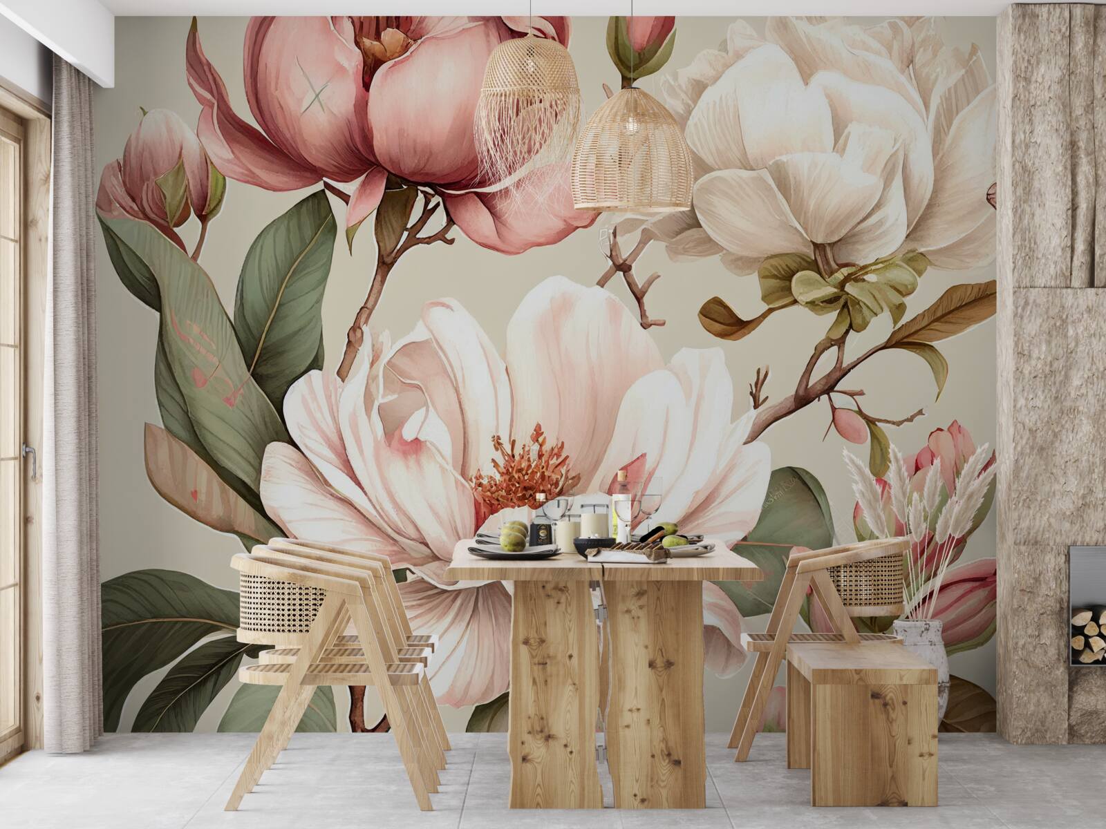 Fotobehang magnolia's in rood en wit aan de takken