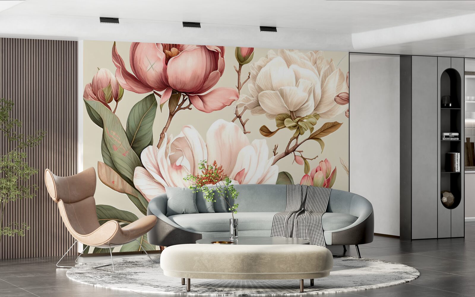 Fotobehang magnolia's in rood en wit aan de takken