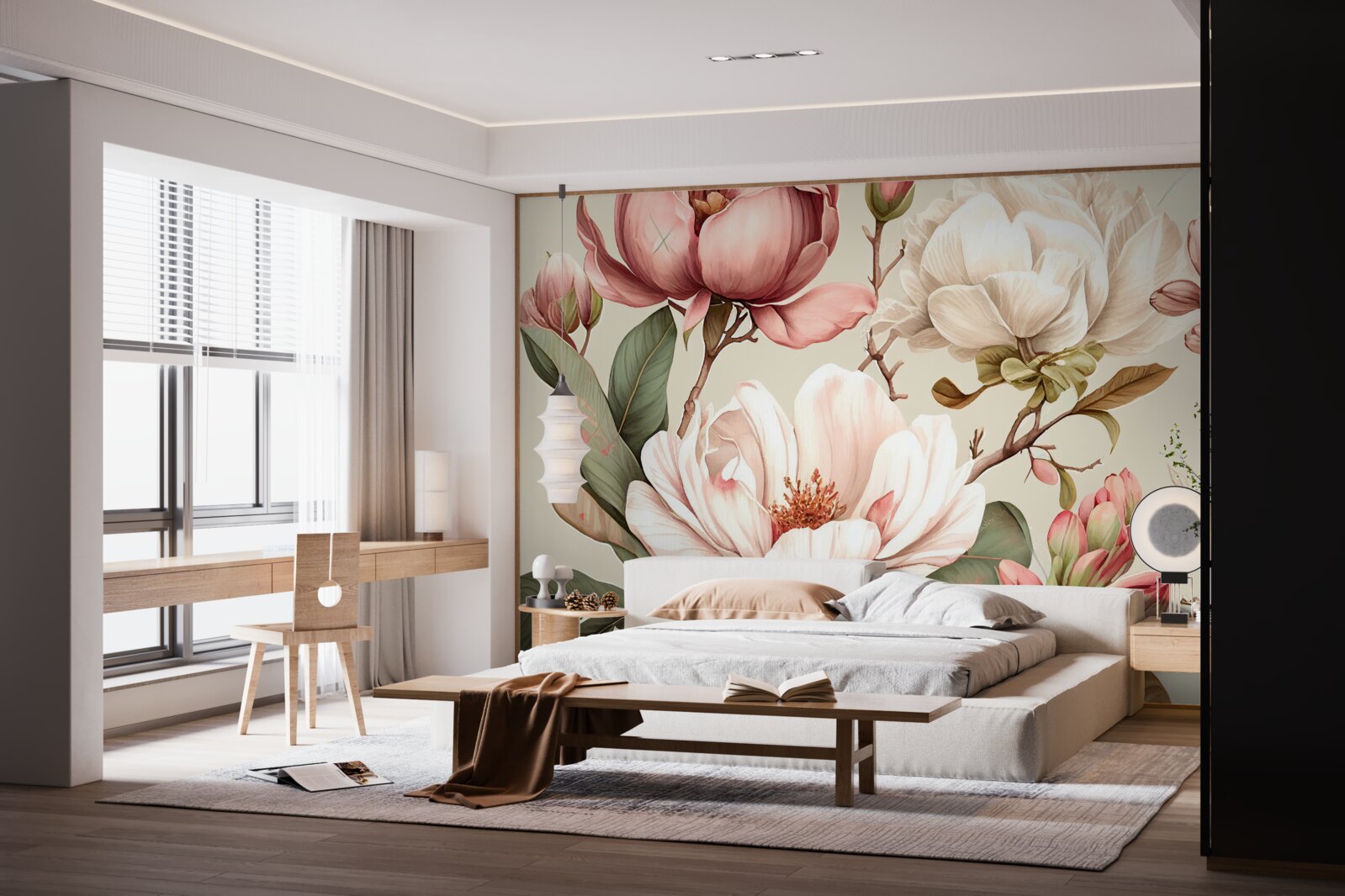 Fotobehang magnolia's in rood en wit aan de takken