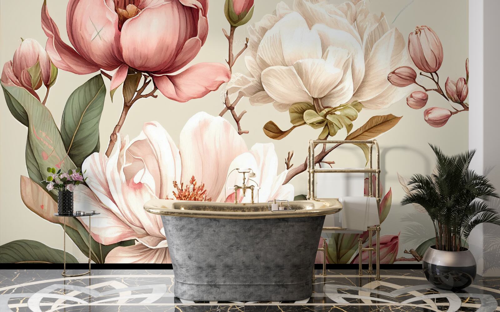 Fotobehang magnolia's in rood en wit aan de takken