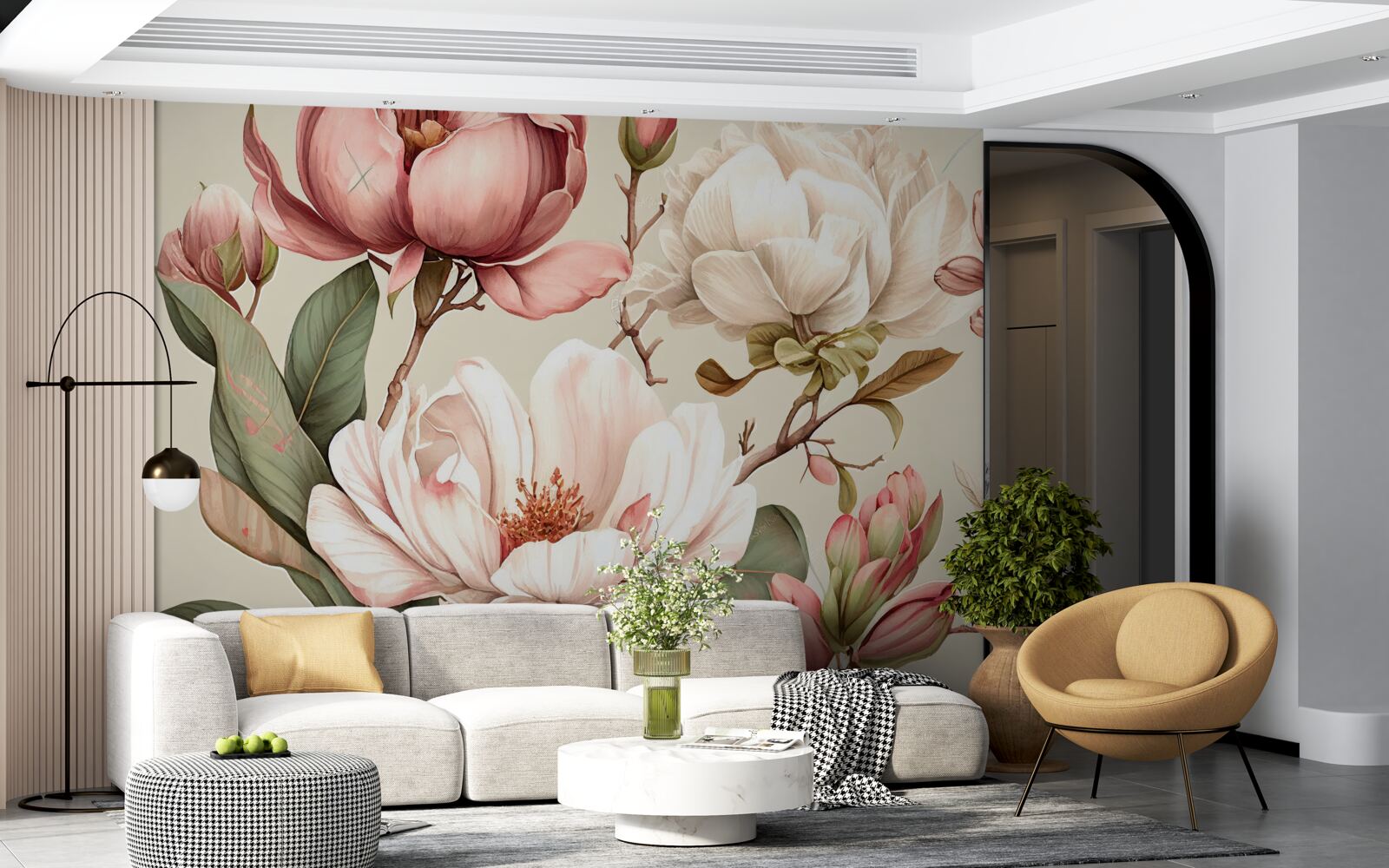 Fotobehang magnolia's in rood en wit aan de takken