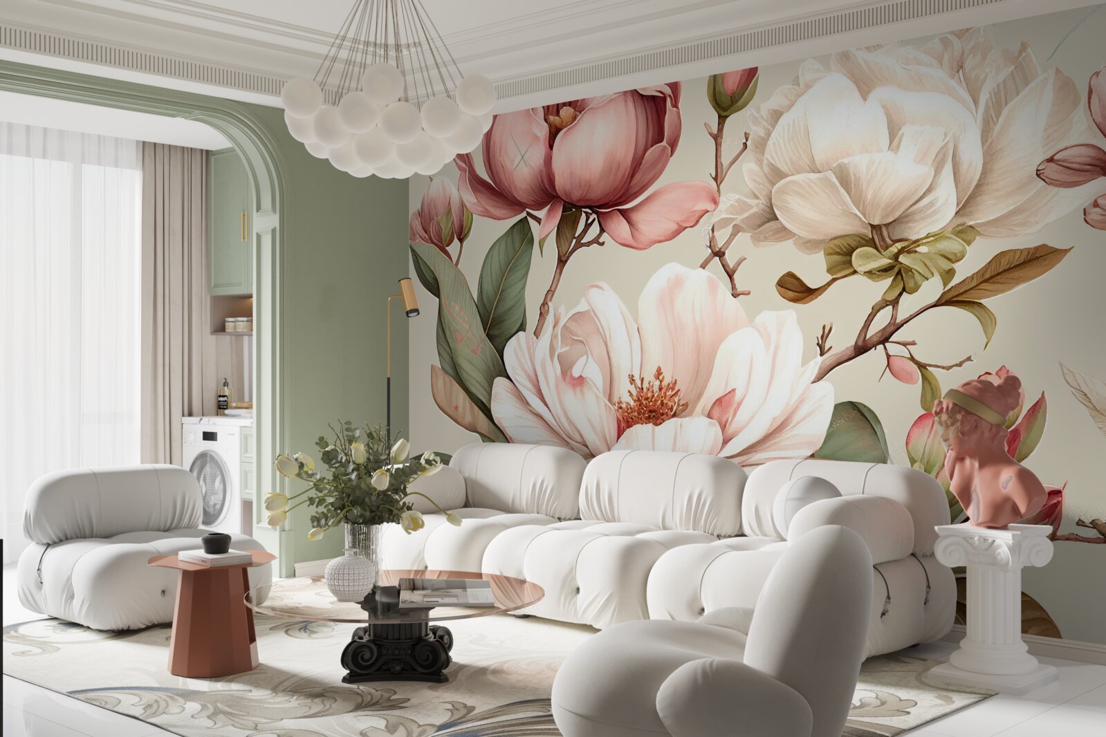 Fotobehang magnolia's in rood en wit aan de takken