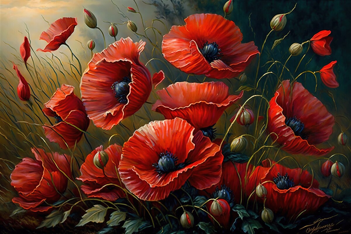 Fotobehang tijdens een storm een plantage van heldere klaprozen