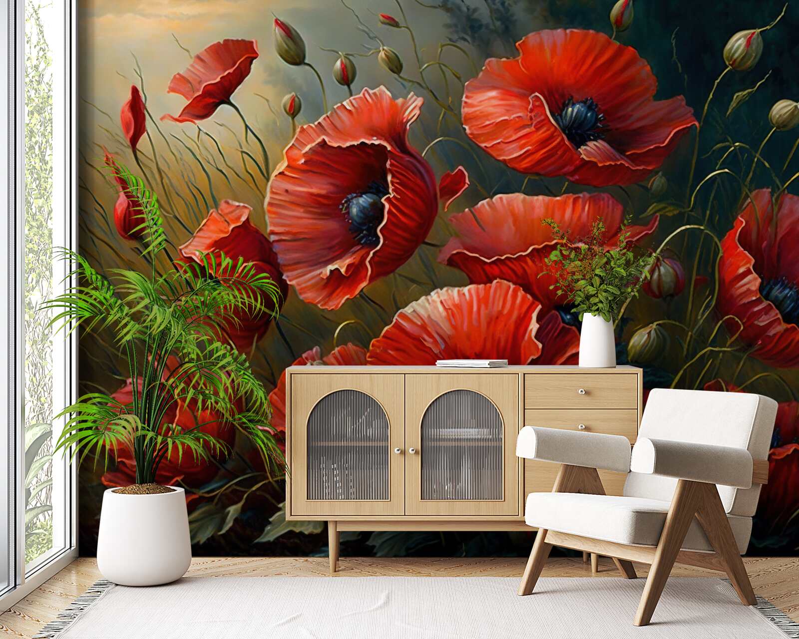 Fotobehang tijdens een storm een plantage van heldere klaprozen