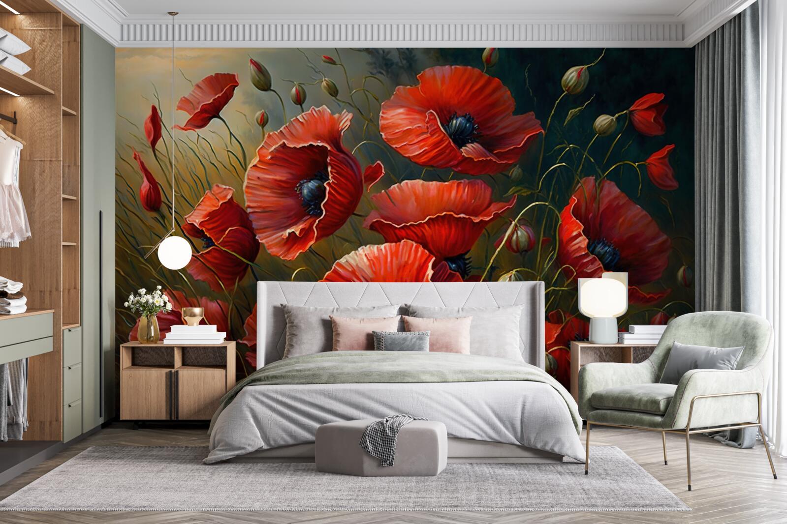 Fotobehang tijdens een storm een plantage van heldere klaprozen