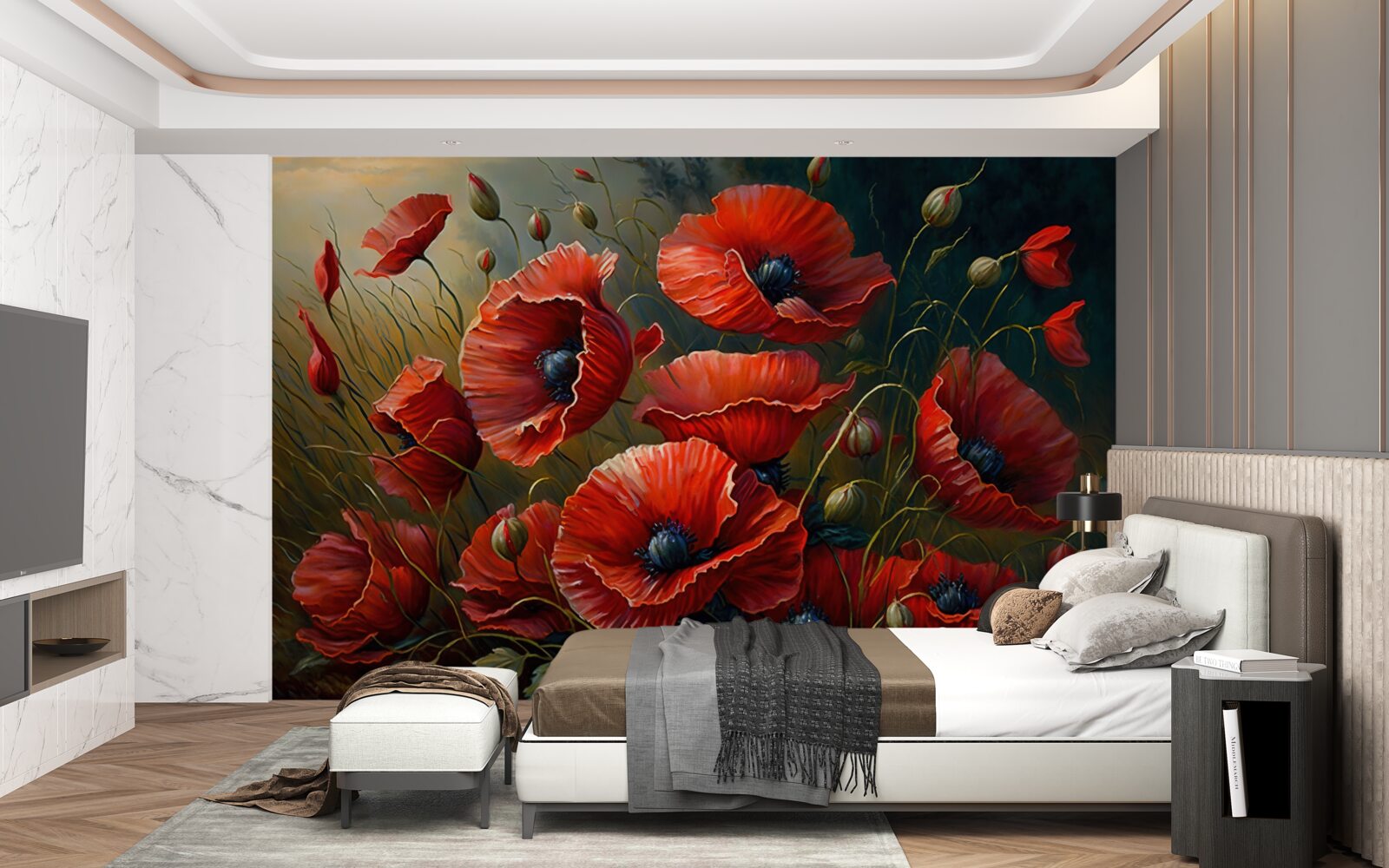 Fotobehang tijdens een storm een plantage van heldere klaprozen