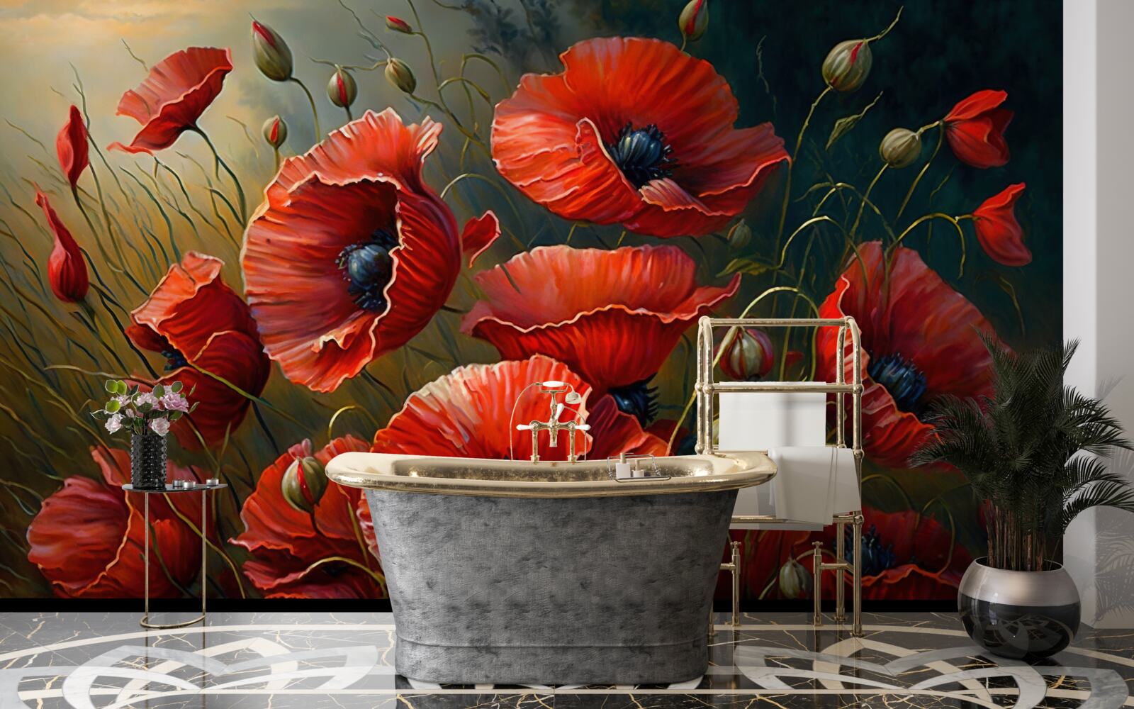 Fotobehang tijdens een storm een plantage van heldere klaprozen