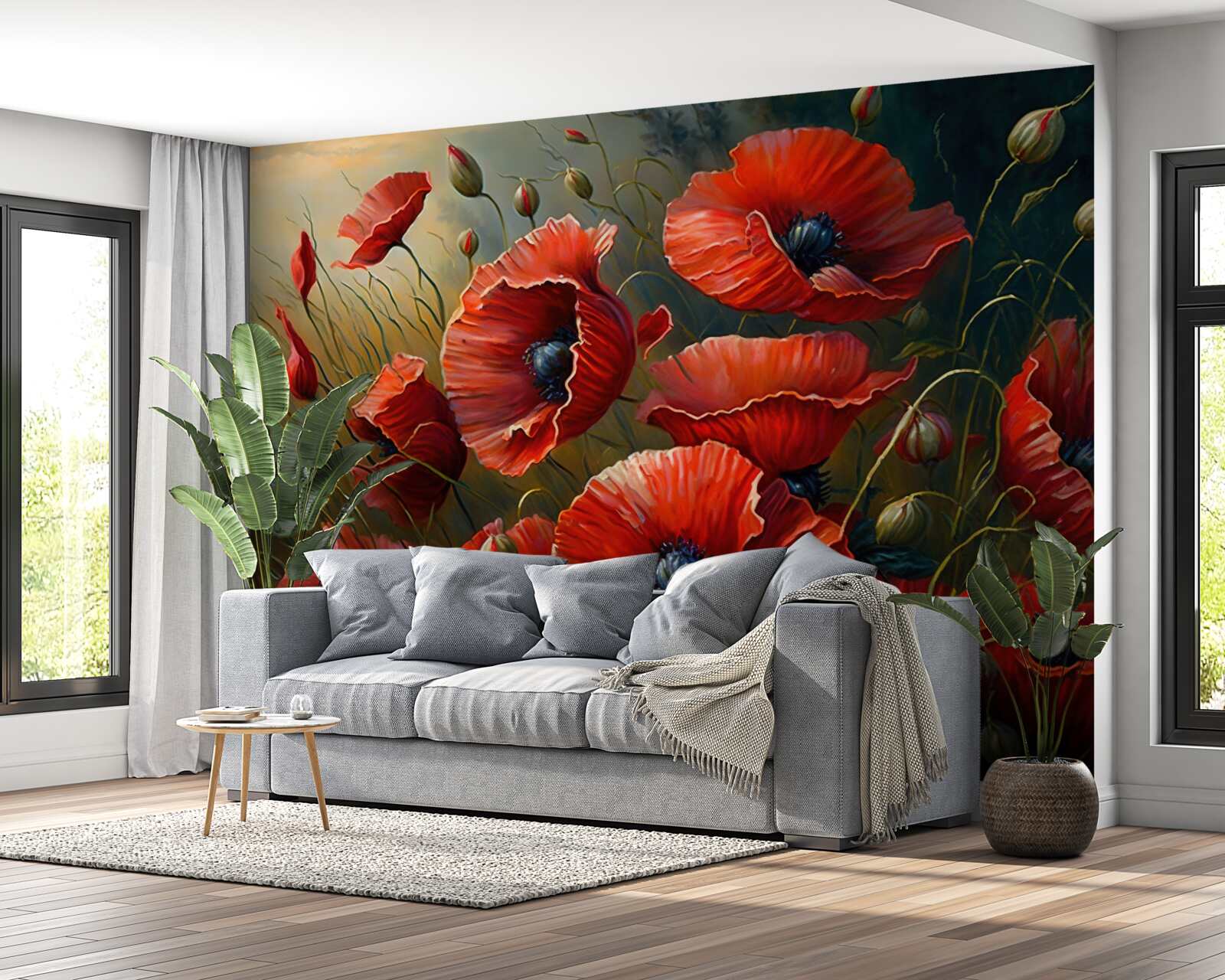 Fotobehang tijdens een storm een plantage van heldere klaprozen