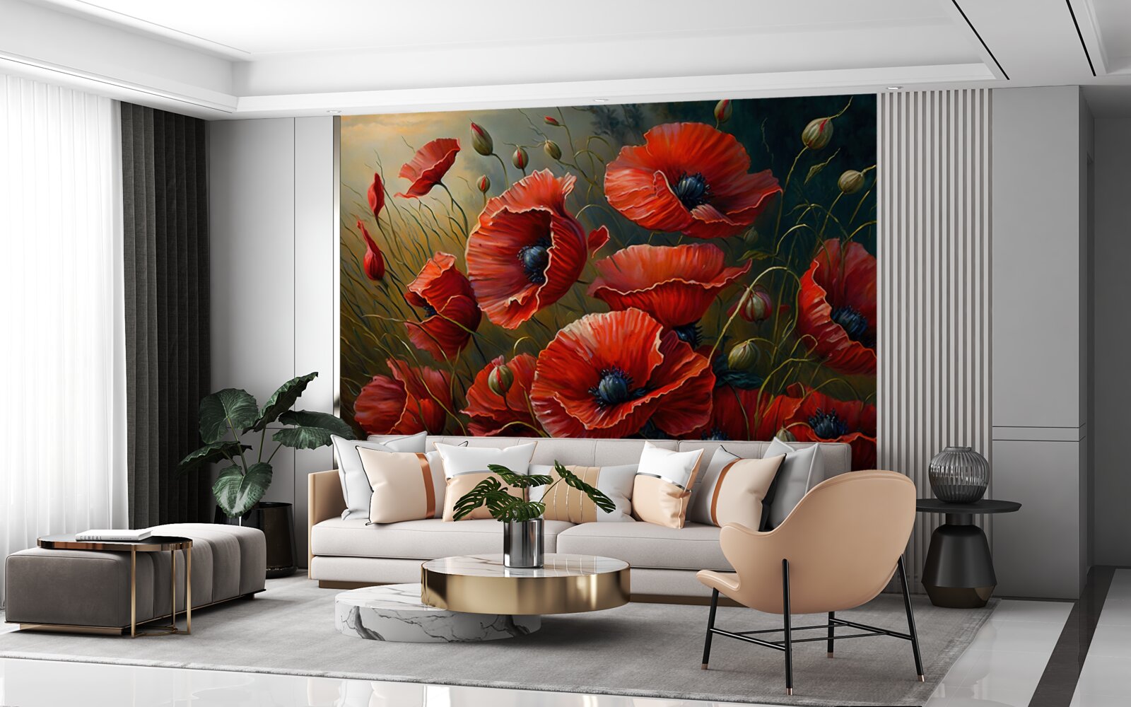 Fotobehang tijdens een storm een plantage van heldere klaprozen