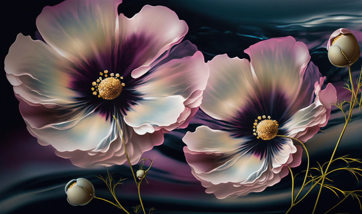 Fotobehang de wind wiegt de sneeuwwitte en prachtige klaprozen