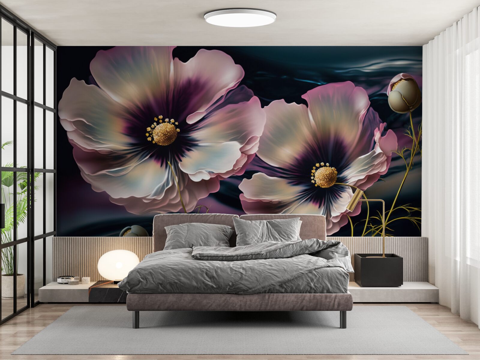 Fotobehang de wind wiegt de sneeuwwitte en prachtige klaprozen