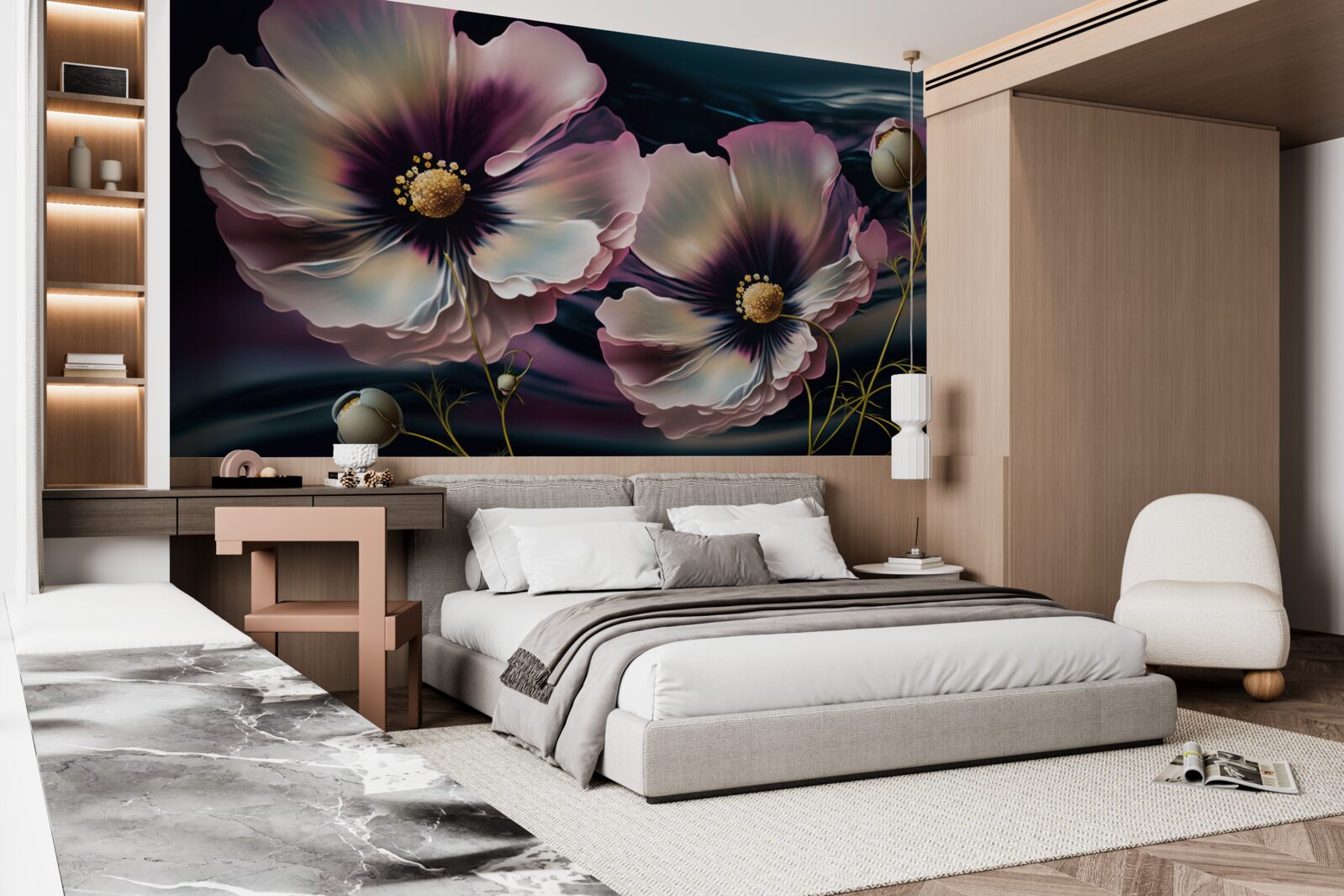 Fotobehang de wind wiegt de sneeuwwitte en prachtige klaprozen