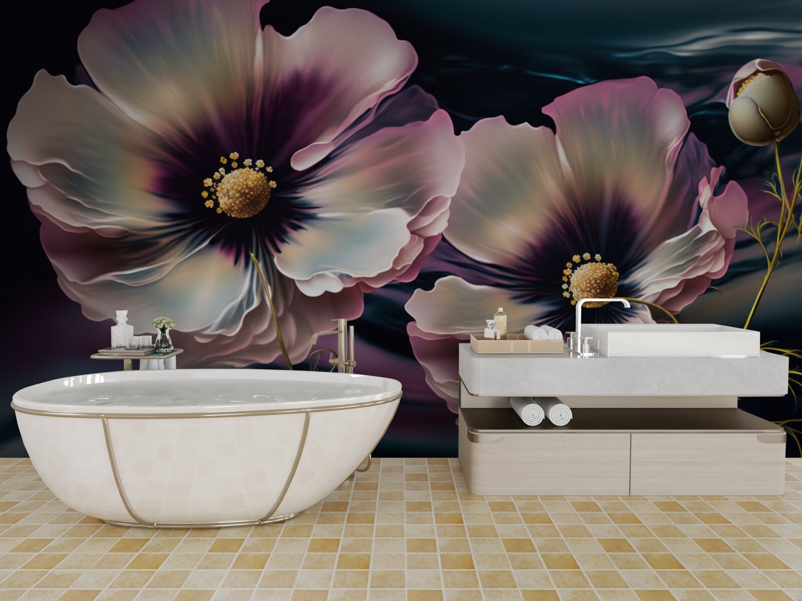 Fotobehang de wind wiegt de sneeuwwitte en prachtige klaprozen