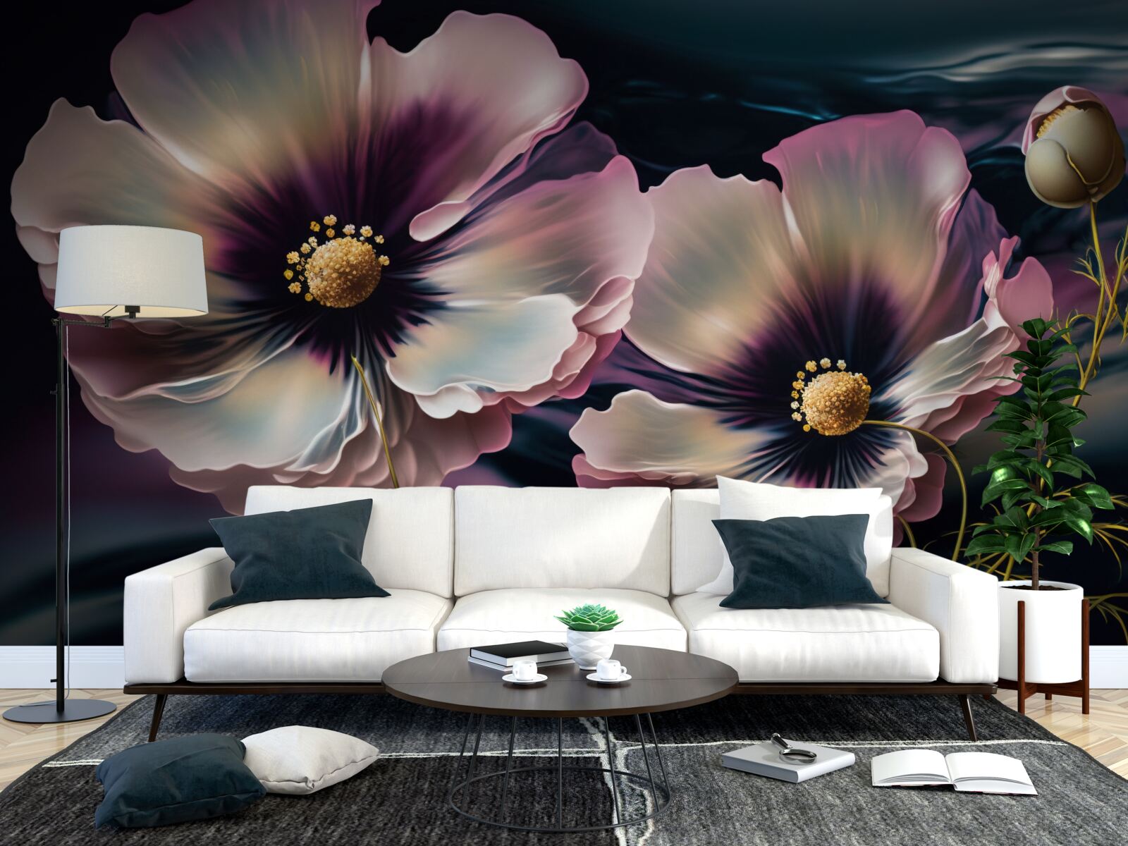 Fotobehang de wind wiegt de sneeuwwitte en prachtige klaprozen