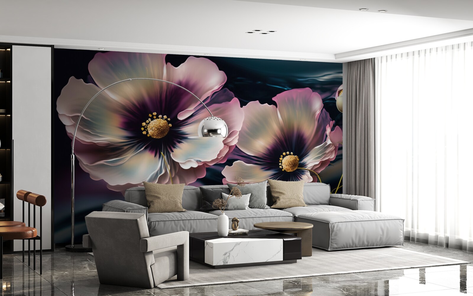 Fotobehang de wind wiegt de sneeuwwitte en prachtige klaprozen