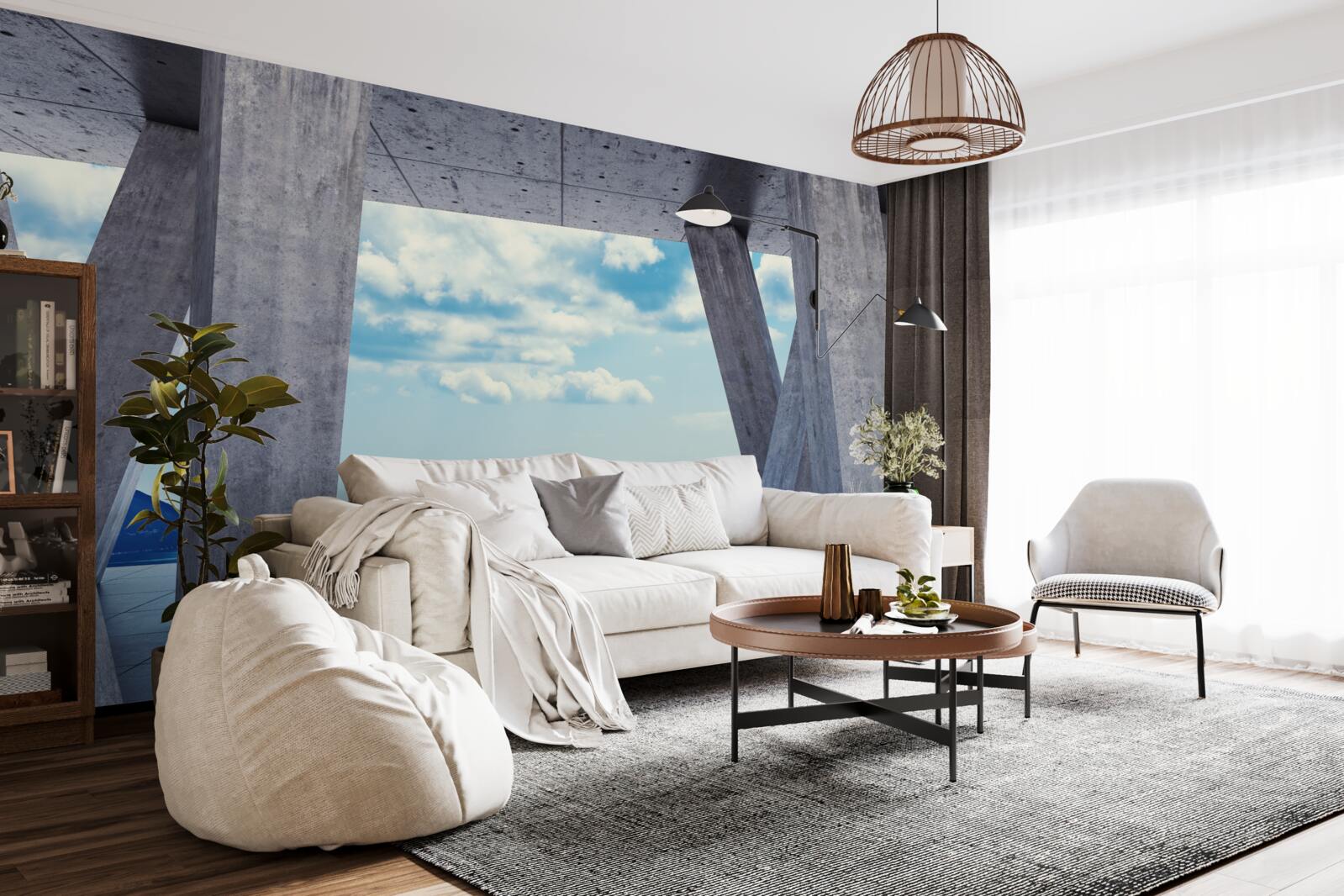 Fotobehang Bogen van beton die een panorama van bergen en lucht openen