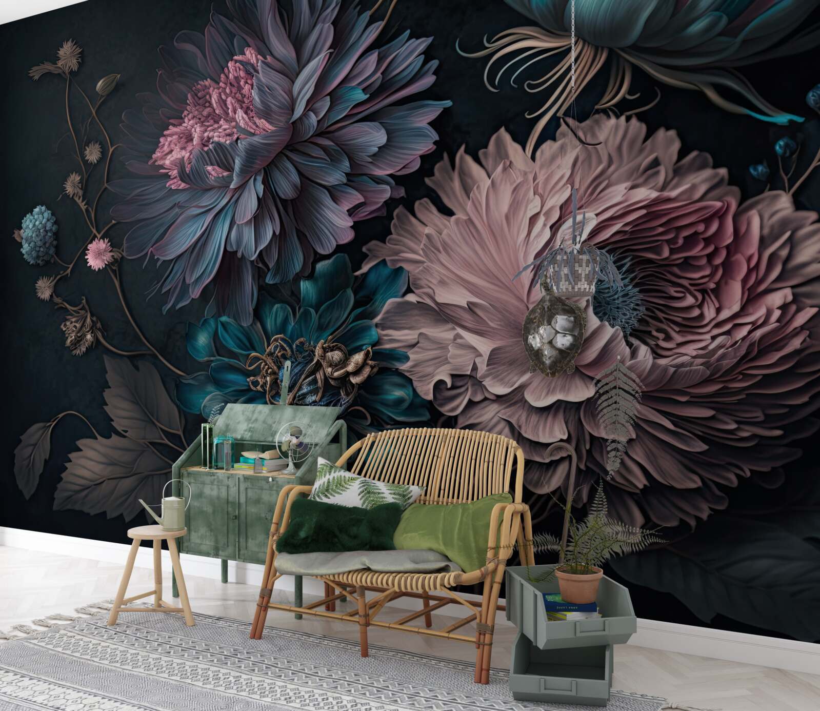 Fotobehang tropische bloemen bloeien op een donkere achtergrond