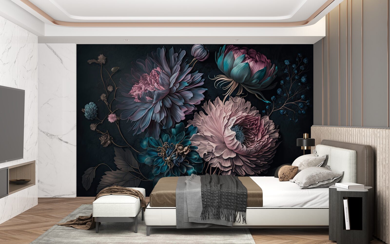 Fotobehang tropische bloemen bloeien op een donkere achtergrond