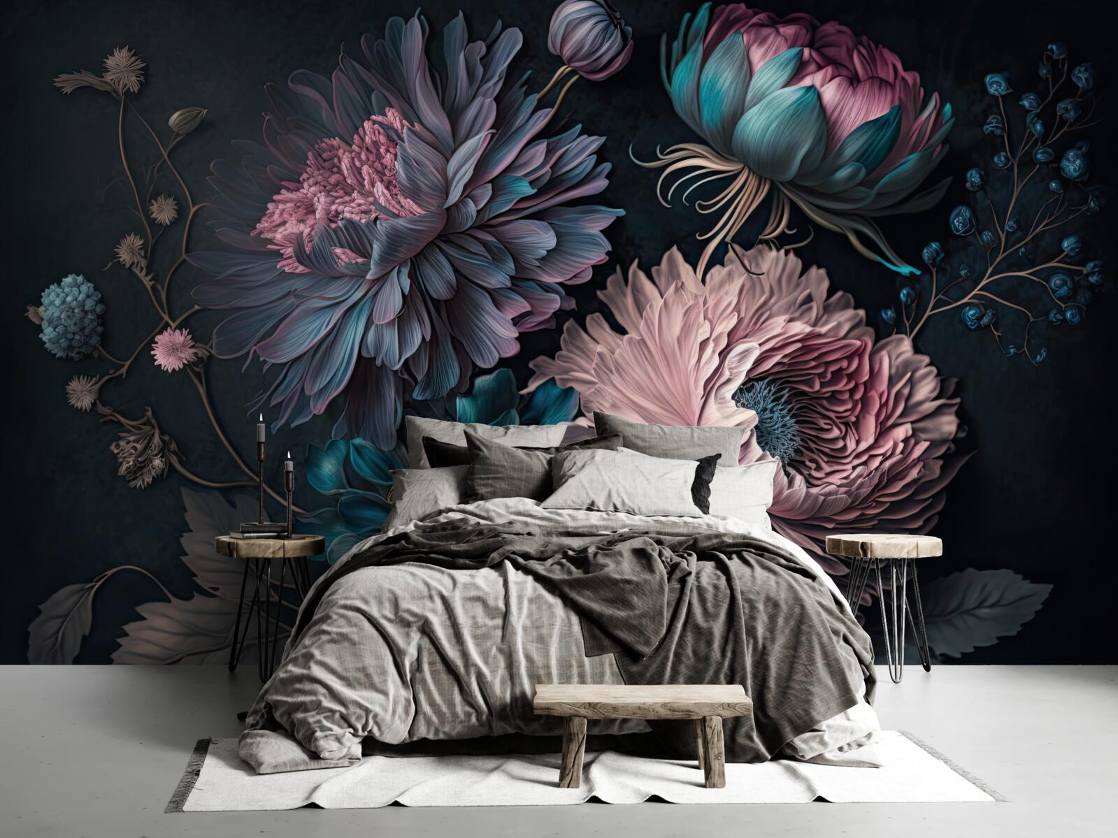 Fotobehang tropische bloemen bloeien op een donkere achtergrond