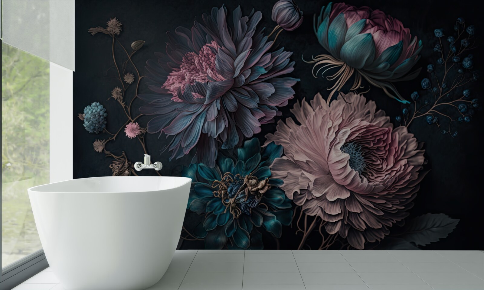 Fotobehang tropische bloemen bloeien op een donkere achtergrond